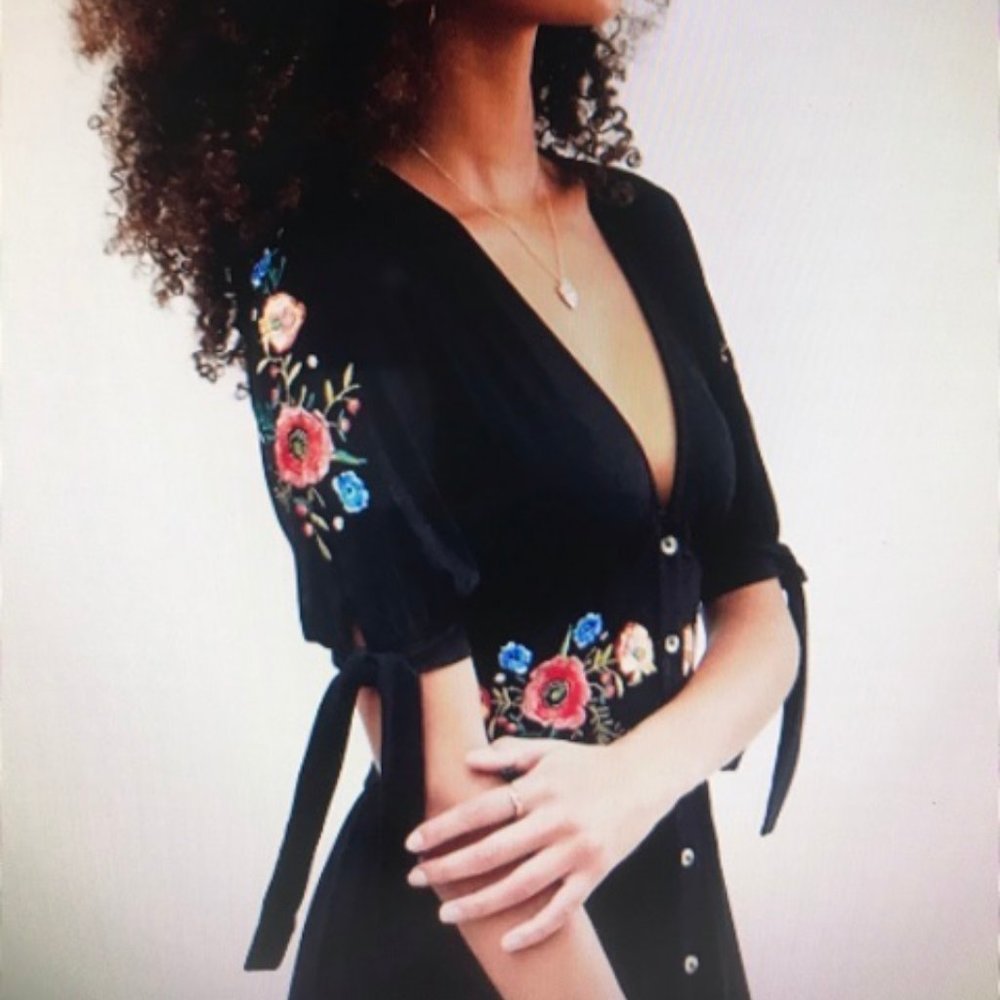 Brand New Long Black Embroidered Flower Dress